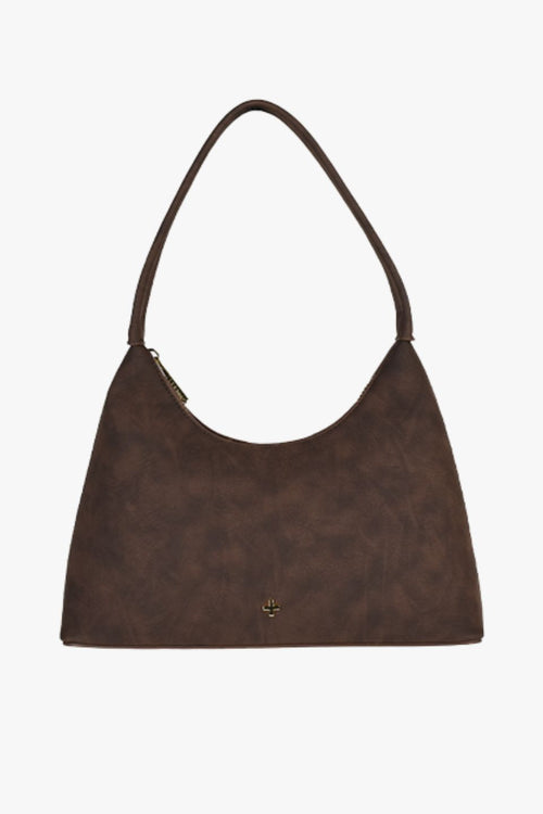 Chocolate brown faux suede shoulder bag with a single strap, crescent silhouette, and gold zip closure, displayed front-facing on a white background.