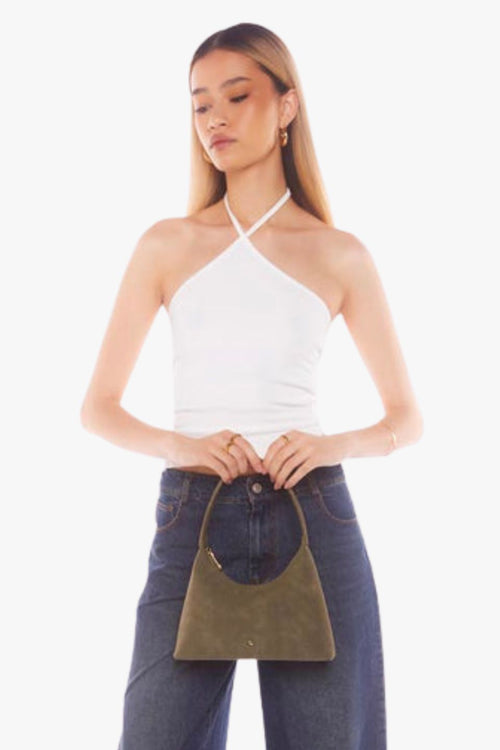 Khaki faux suede shoulder bag with a single strap, structured crescent shape, and gold zip closure, shown front-facing on a white background.