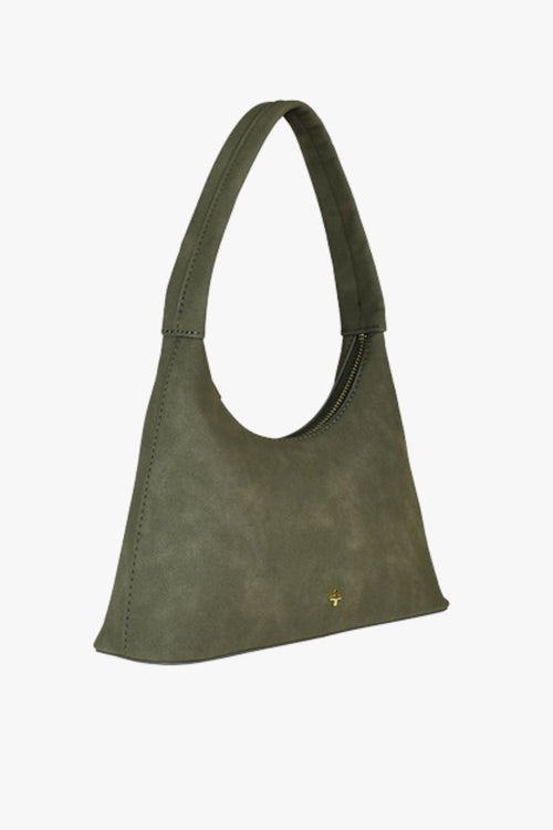 Khaki faux suede shoulder bag with a single strap, structured crescent shape, and gold zip closure, shown front-facing on a white background.