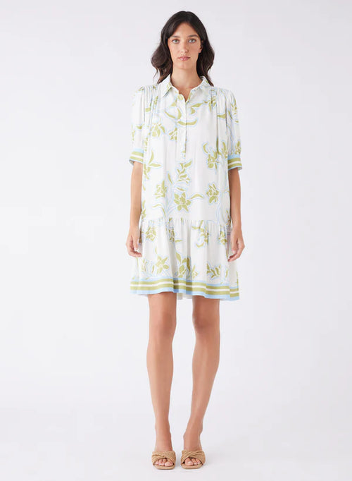 Woman wearing a floral dress on a white background