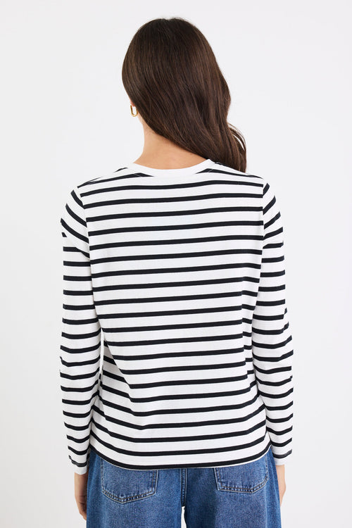 Person wearing a black and white striped long-sleeve shirt and blue jeans on a white background