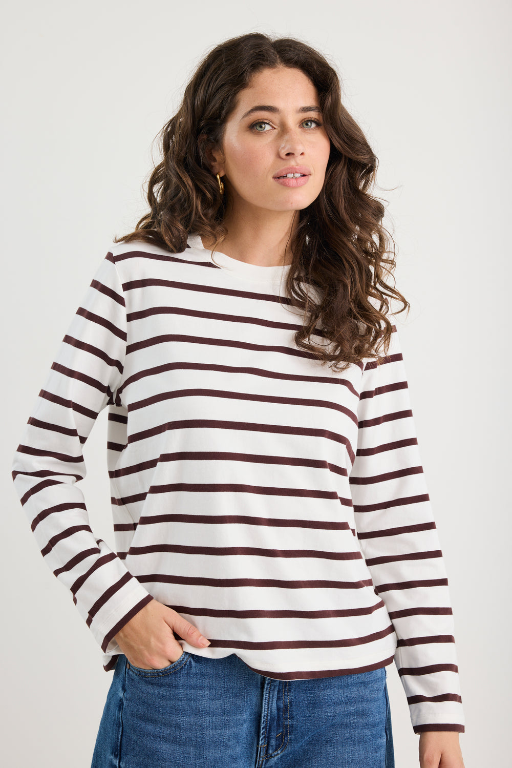 Tether Chocolate White Stripe LS Boxy Te | Flo & Frankie