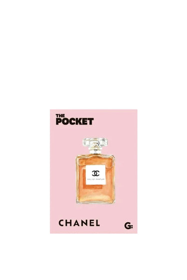 Chanel perfume bottle on a pink card with 'The Pocket' branding