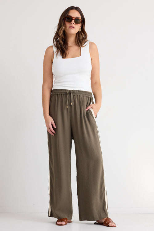 model wears a green wide leg pant