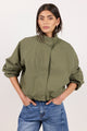 Trackside Khaki Funnel Neck Drawstring Hem Bomber Jacket