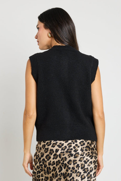 Black sleeveless knit vest with gold button detailing, featuring a classic round neckline and ribbed hem.