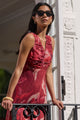 Tuck Large Red Peony Sleeveless Pleat Front Maxi Dress
