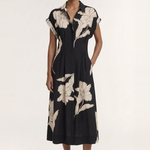 Veda Black Cream Floral Cap Sleeve Midi Dress
