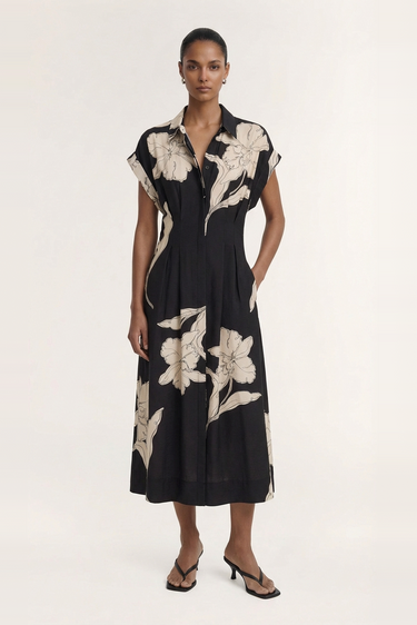 Veda Black Cream Floral Cap Sleeve Midi Dress