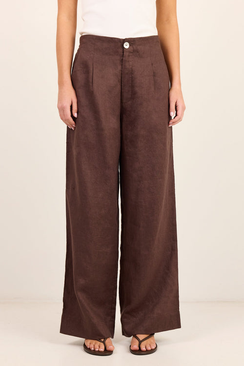 A model wearing high-waisted, wide-leg brown trousers with a textured fabric, paired with a white top and dark brown sandals, standing against a plain off-white studio background.