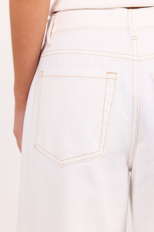 Close-up of the back waistband and pocket area of off-white denim jeans, showing tan contrast stitching and part of a model's arm.
col_pattern