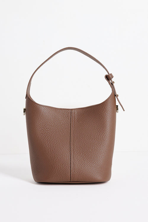Valencia Brown Leather Multi Strap Mini Tote Bag in a structured bucket silhouette featuring pebbled brown leather, an adjustable shoulder strap and gold hardware, photographed against a clean white background
