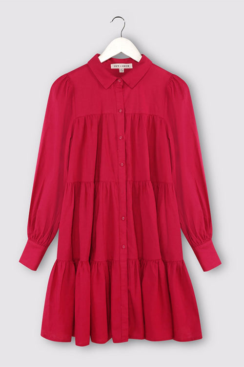 Valley Raspberry Ls Shirt Style Tiered Mini Dress WW Dress Ivy + Jack   