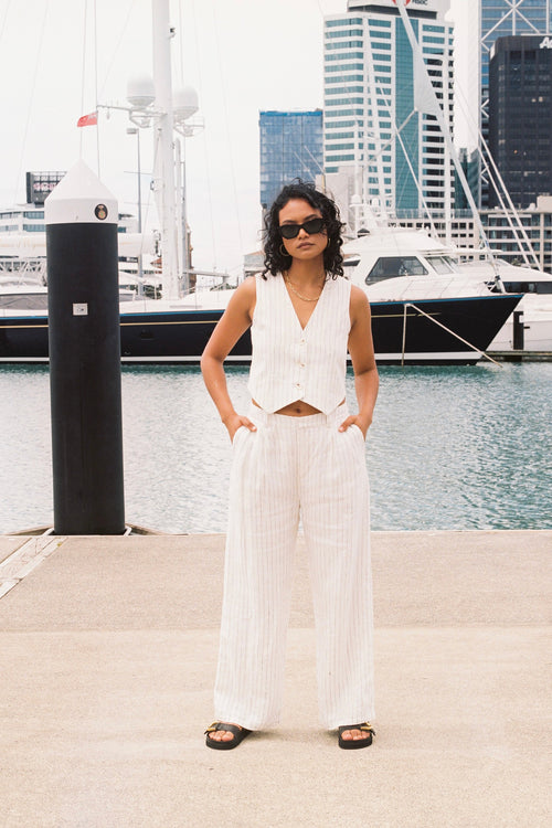 Veritable White Pinstripe Linen Vest WW Top RE:Union   