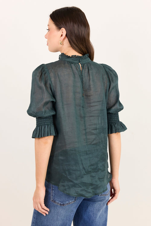 A woman shown from the back wearing a dark green puff-sleeve blouse with ruffled cuffs and a smocked back neckline, paired with blue jeans, against a plain off-white background.