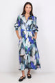 Vesper Blue Abstract Print Long Sleeve Maxi Shirt Dress