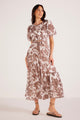 Vivian Brown Floral Puff Sleeve Midi Dress