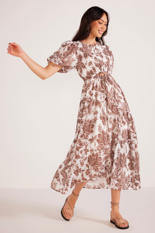 model wears brown floral midi dress