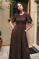 Wren Chocolate Linen Blend SS Shirred Bodice Midi Dress