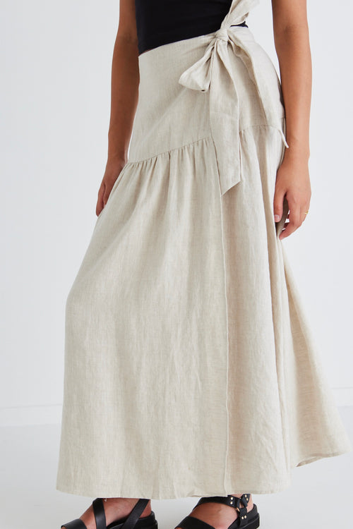 model wears a linen maxi skirt