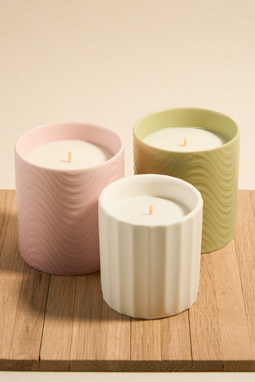 pink candle, green candle, white candle