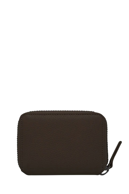 A dark brown textured leather zip-around coin purse with a matching zipper pull, shown against a plain white background.