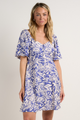 Wholehearted Blue Shadow Floral SS Sweetheart Button Front Mini Dress