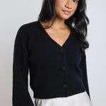 Model wears a black knit cardigan