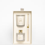 Cape Breeze candle set with two candles and a holder in a decorative box on a white background