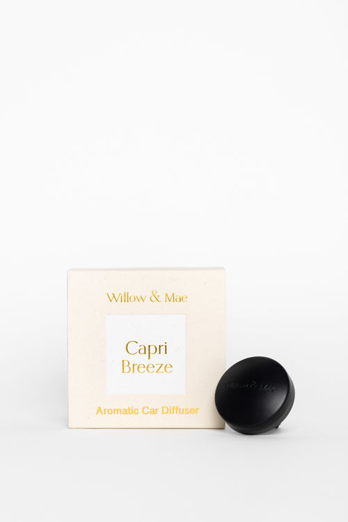 Willow & Mae Capri Breeze aromatic car diffuser packaging on a white background