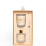 Perfume set with a bottle and diffuser in a decorative box on a white background