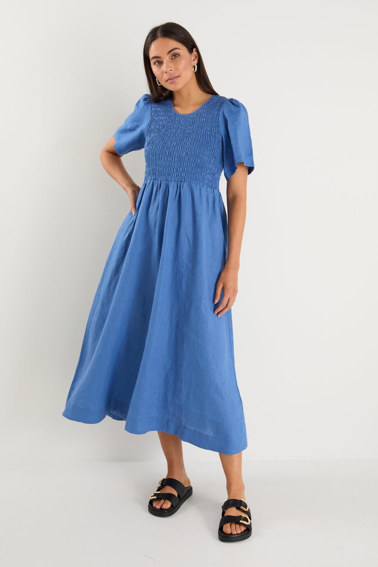 Shop Wren Cornflower Blue Linen SS Shirred Bodice Midi Dress Flo & F — free download