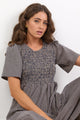 Wren Beige Navy Mini Gingham Cotton Short Sleeve Shirred Bodice Midi Dress