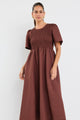 Wren Chocolate Linen Blend SS Shirred Bodice Midi Dress