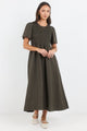 Wren Dark Olive Linen Blend SS Shirred Bodice Midi Dress