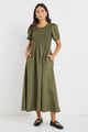 Wren Khaki Linen Blend SS Shirred Bodice Midi Dress