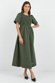 Wren Khaki Ink Gingham SS Shirred Bodice Midi Dress