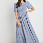 Wren Chambray Blue SS Shirred Bodice Midi Dress