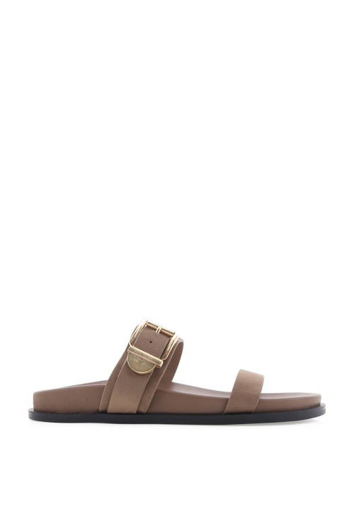 brown sandal with gold detailing