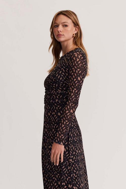 model wearing long sleeve black mesh maxi dress