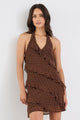Zeal Mocha Ditsy Polka Dot Halter Neck Bias Ruffle Mini Dress