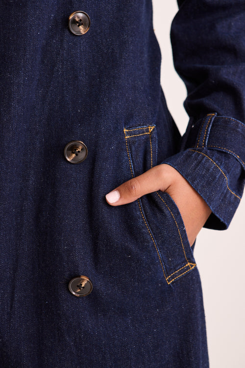 model wears a Blue Denim Trench Coat