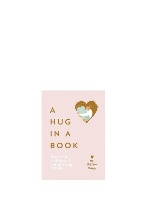 Book cover with heart design and text 'A Hug in a Book' on a pink background