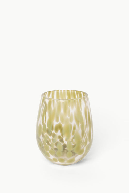 A stemless wine glass with a textured, marbled pattern in olive green and white, set against a plain white background.