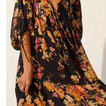 Autumn Black Floral Mid Sleeve Maxi Dress