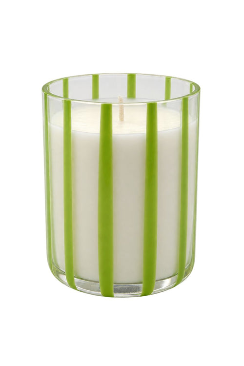 A white wax candle in a clear glass jar with vertical lime green stripes, shown against a plain white background.
