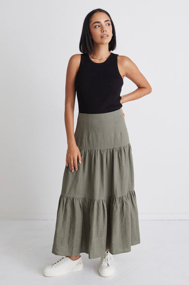 Blazing Moss Tiered Linen Midi Skirt