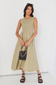 Bryar Light Khaki Linen Sleeveless Shirred Bodice Midi Dress