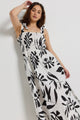 Capricorn Ivory Leaf Print Tie Strap Shirred Midi Dress