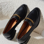 Castella Black Leather Gold Chain Loafer